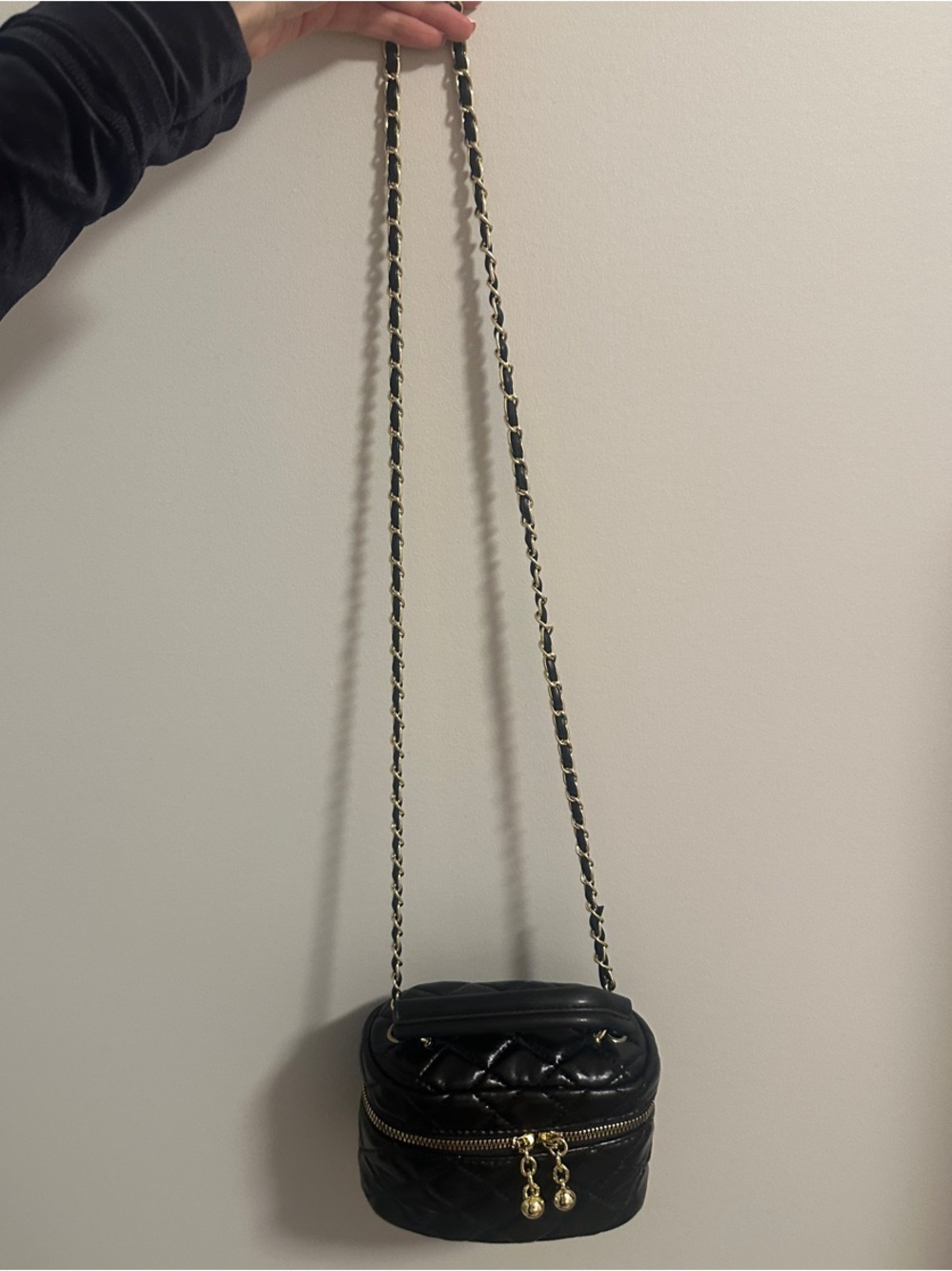Black Quilted Crossbody Bag with Gold Chain Strap